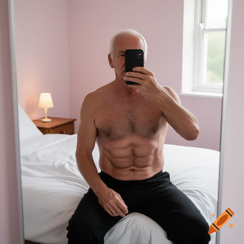 An older man with a hairy, very defined torso sits on a bed, taking a mirror selfie with his face obscured by the phone. Photorealistic style.