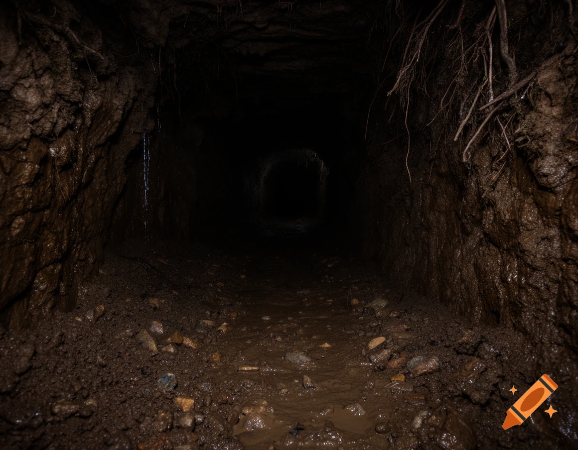 A dark, muddy dirt tunnel with water dripping from the ceiling and roots hanging down, leading into deeper darkness.