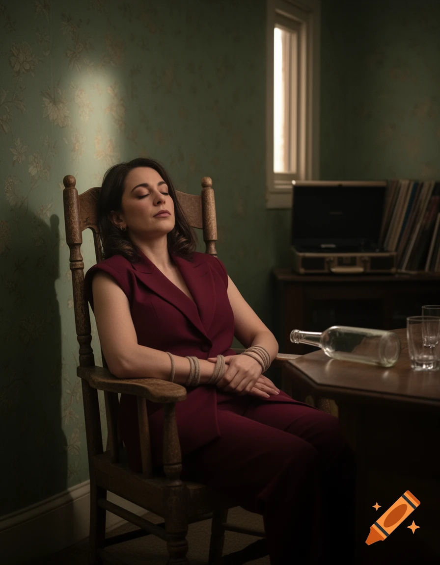 A woman in a burgundy pantsuit sits in a wooden chair with her eyes closed and hands loosely tied, an empty bottle on a nearby table in a dimly lit room.