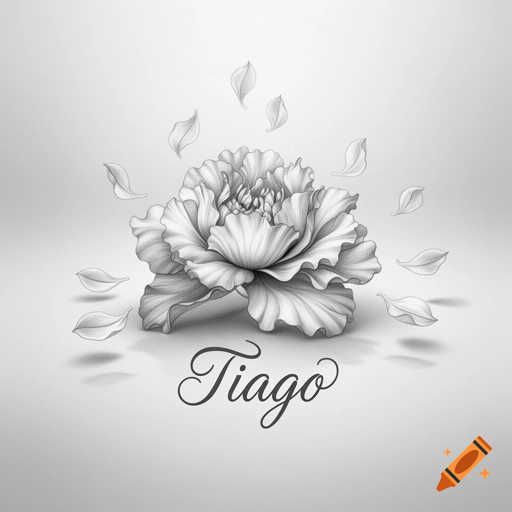 A black and white pencil drawing of a large, detailed flower with delicate petals, surrounded by floating smaller petals. The name "Tiago" is written in elegant script below the flower.