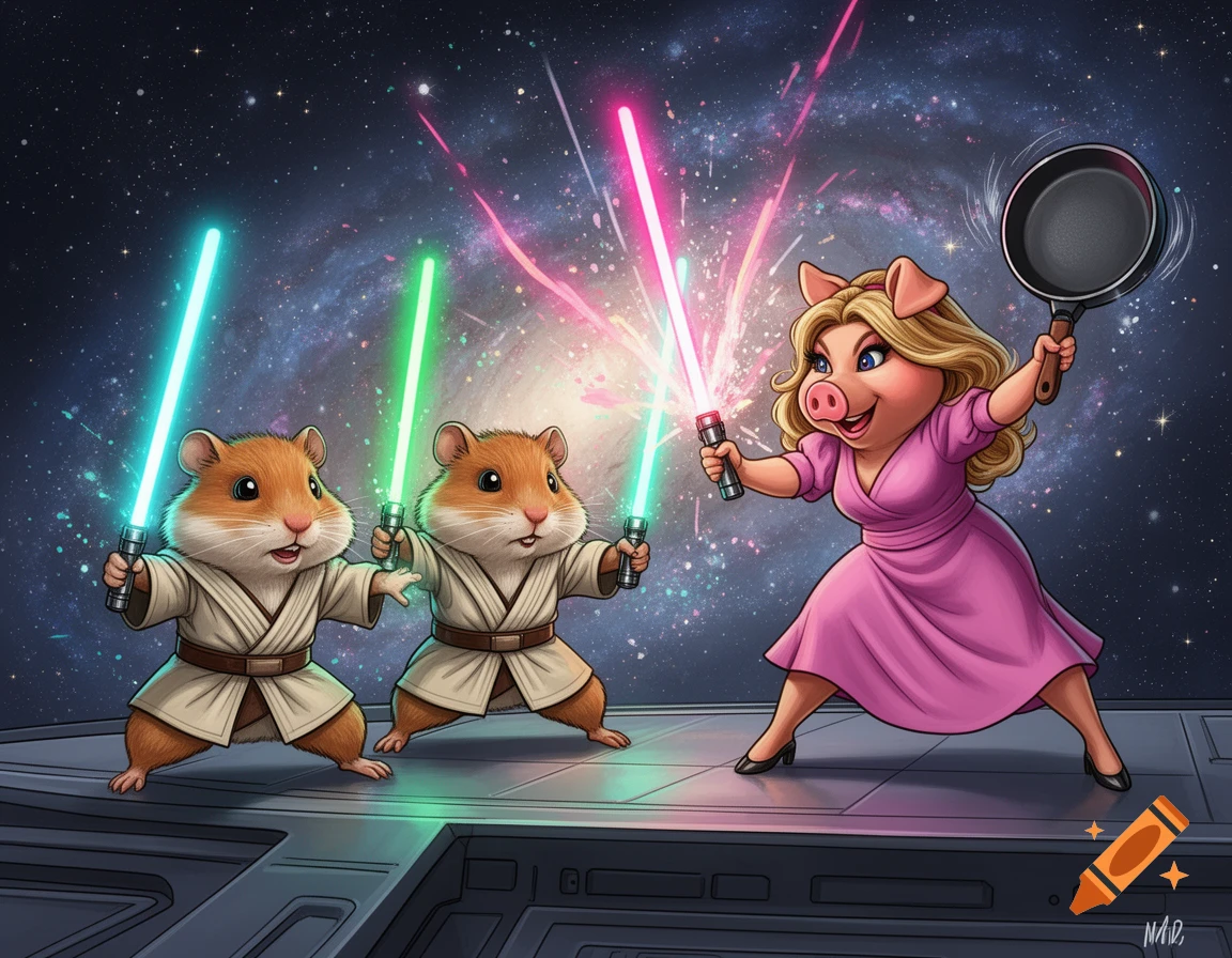 Cartoon Ms. Piggy battles two Jedi hamsters with lightsabers and a frying pan in a vibrant space scene.