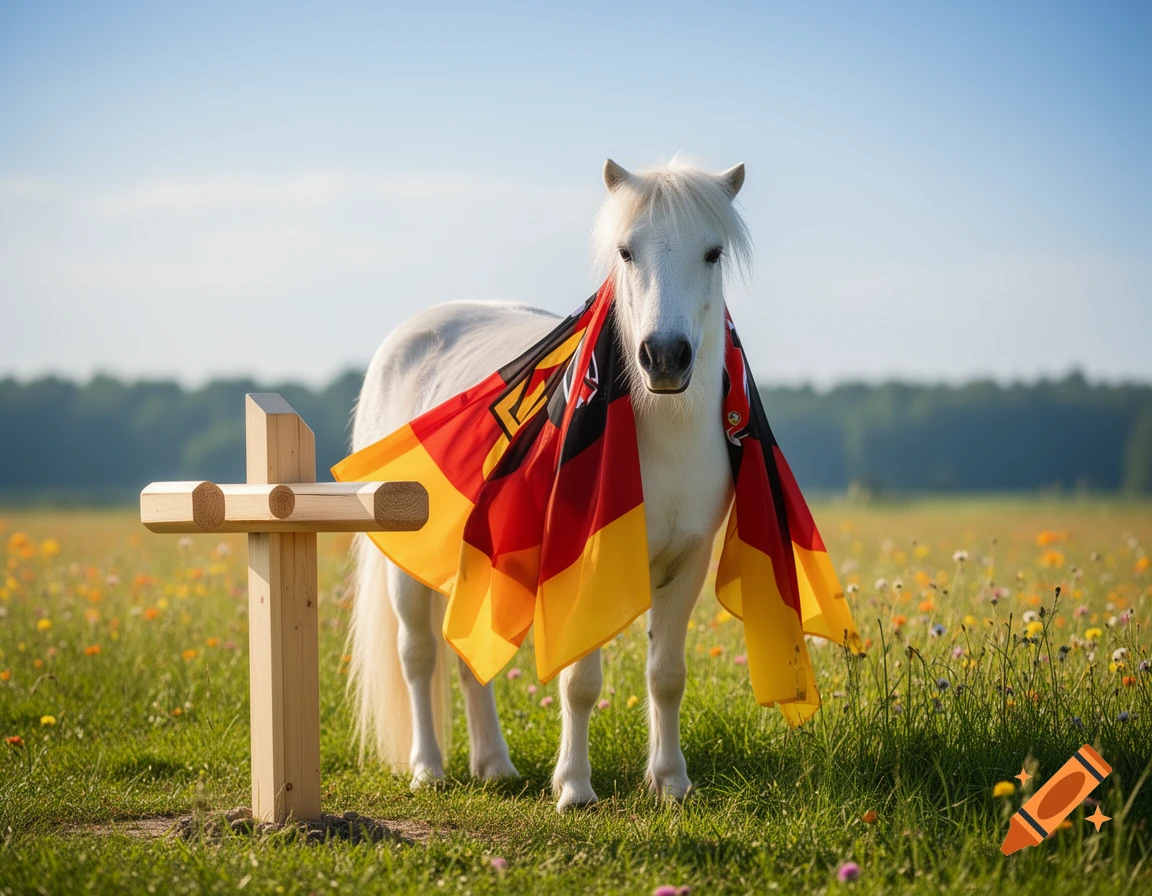 A white pony draped with a German flag stands next to a wooden cross in a vibrant green field under a clear blue sky.
