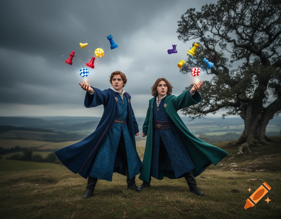 Two young wizards in long cloaks stand in a field with hands raised, telekinetically floating colorful chess pieces and glowing orbs under a cloudy sky.
