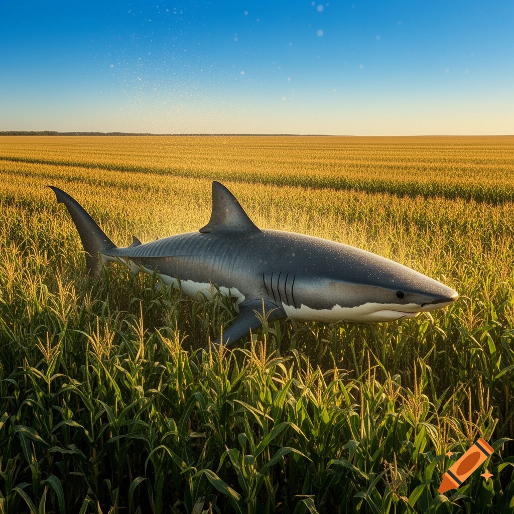 A large gray and white shark swims through a vibrant green and golden cornfield under a clear blue sky, photorealistic.