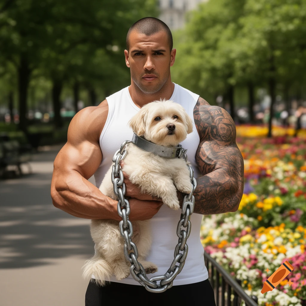 A muscular man in a white tank top holds a fluffy white dog with an oversized metal chain around it in a sunny park with flowers.