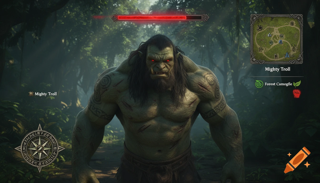A green-skinned, muscular troll with red eyes and tattoos stands in a misty forest, seen from a first-person perspective with a game's heads-up display showing health, a mini-map, and text labels.