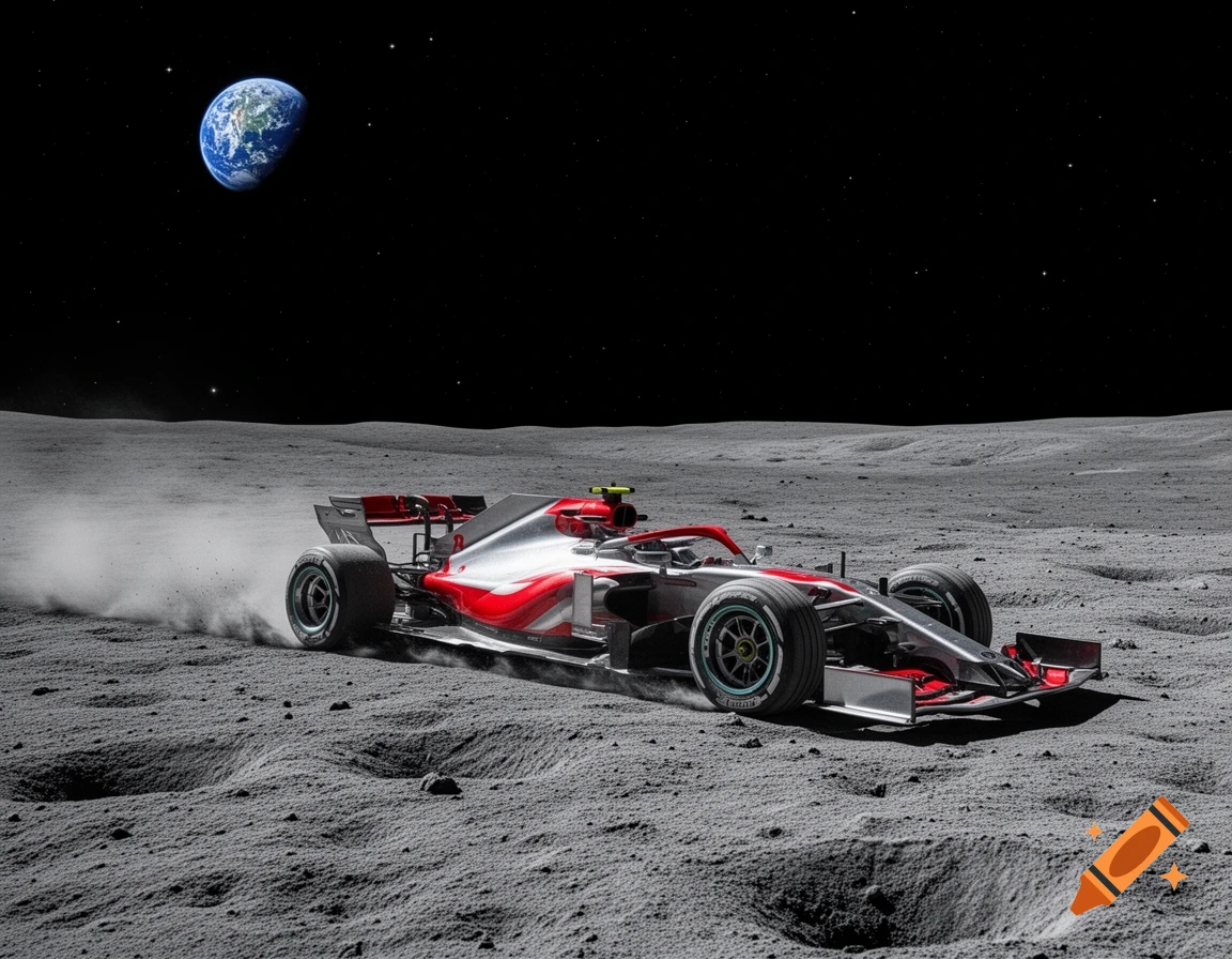 A red and silver F1 race car drives on the moon's surface, kicking up dust, with Earth visible in the dark sky.