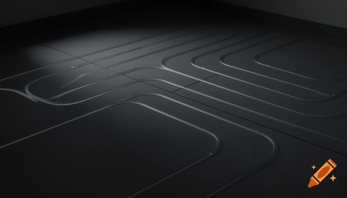 Underfloor heating pipes create a geometric pattern on a dark, textured floor under dim lighting.