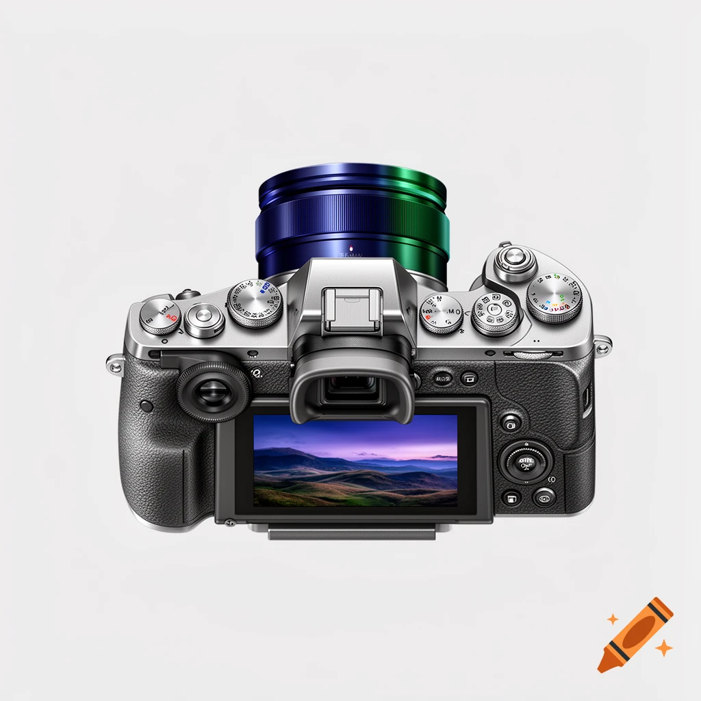 A detailed overhead view of a modern mirrorless camera with a vibrant blue and green lens, displaying a landscape on its screen, against a white background.