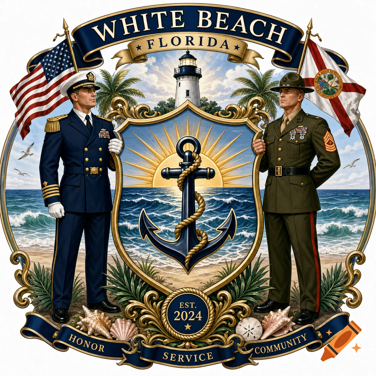 An elaborate coat of arms with a US Navy Officer and Marine, flanking a shield with an anchor on a beach with a lighthouse. Text reads 'White Beach Florida'.