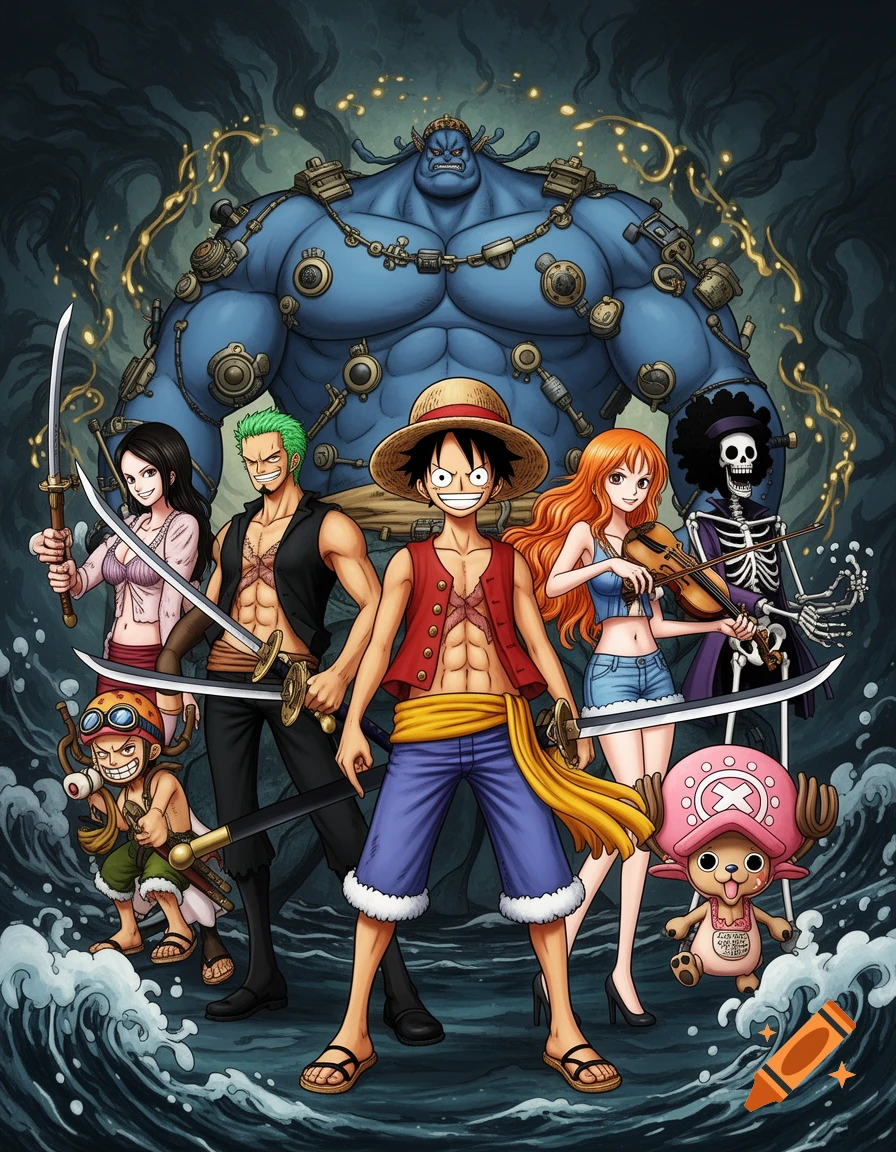 The Straw Hat Pirates from One Piece, including Luffy, Zoro, Nami, Usopp, Chopper, Brook, and Boa Hancock, stand on choppy water with a large blue giant behind them in a detailed anime illustration.