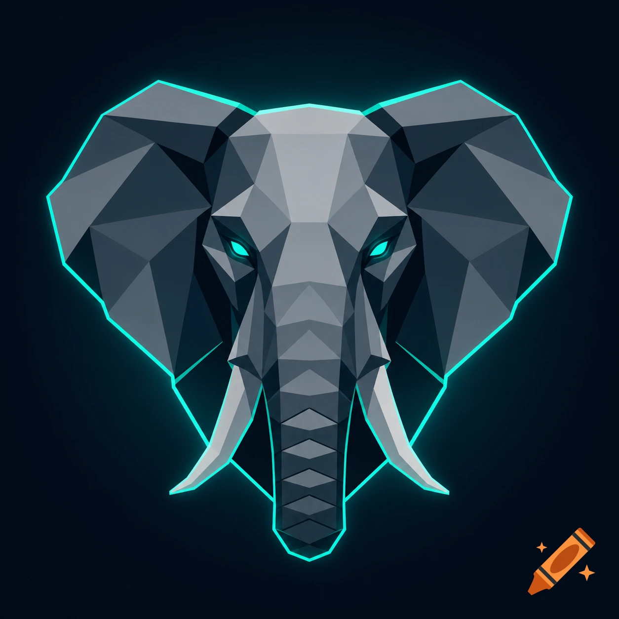 A minimalist, low-poly geometric elephant head with glowing teal outlines and eyes against a dark background.