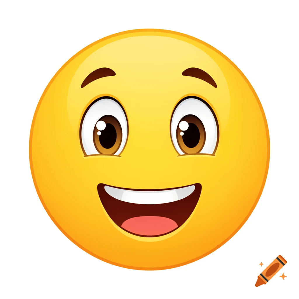 A happy yellow emoji face with wide eyes, brown pupils, and a wide open smile showing white teeth and a red tongue.
