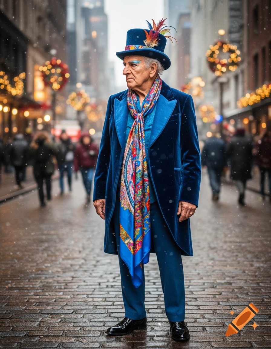 An older man in a blue velvet coat, top hat with feathers, and colorful scarf stands on a snowy cobblestone street with holiday lights.