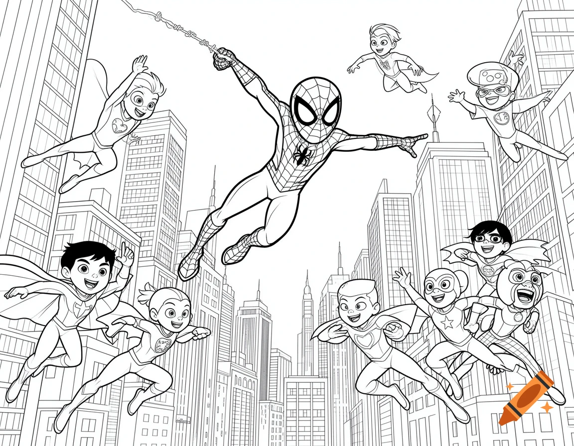 Black and white coloring page of Spider-Man swinging through a cityscape, surrounded by several flying child superheroes.