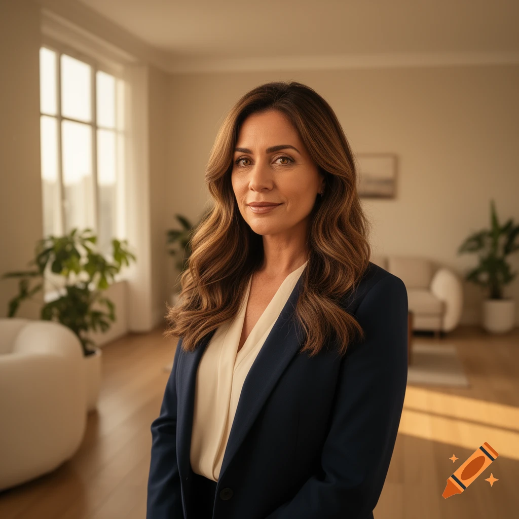 A professional woman with brown hair in a navy blazer and cream blouse looks at the camera in a bright, modern room.