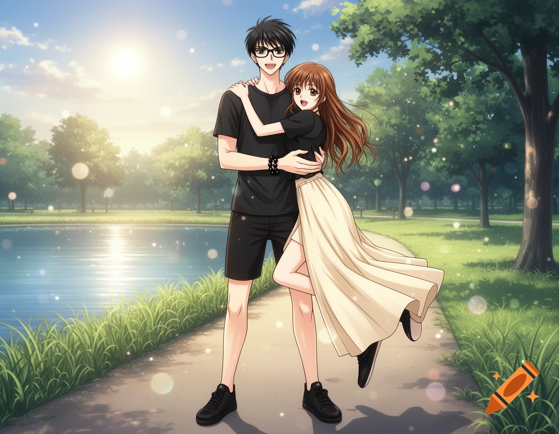An anime couple embracing on a park path next to a lake under a sunny sky.