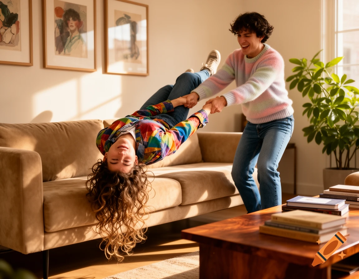 Two people playing in a sunny living room; one hangs upside down from a couch while the other holds their hands.