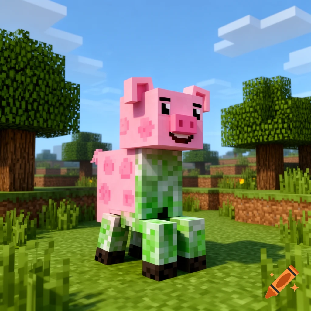 A Minecraft-style creature with a pink pig head and torso, and green creeper legs, stands in a grassy blocky world.