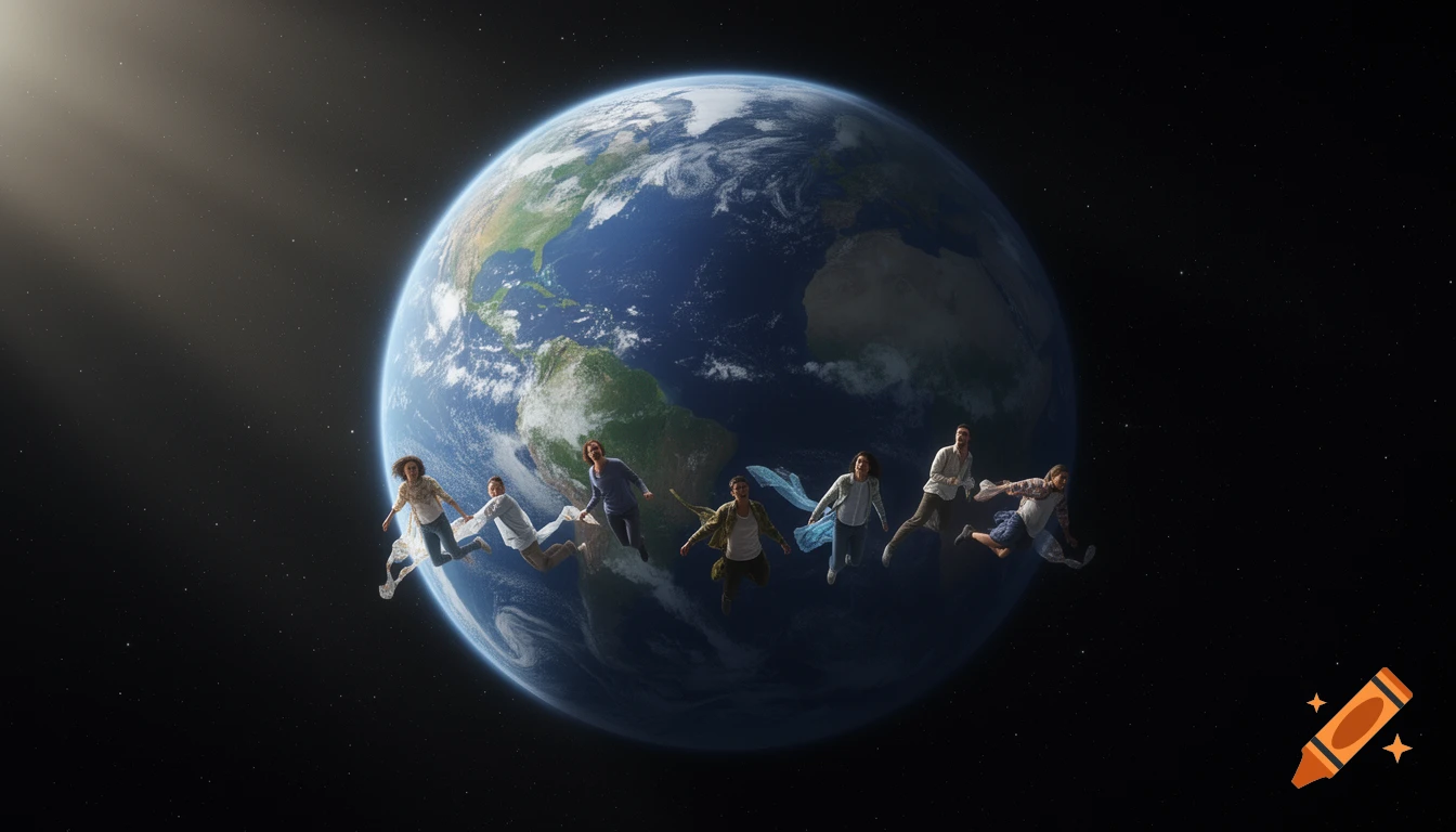 People in everyday clothes float around a photorealistic Earth against a starry black backdrop of space.