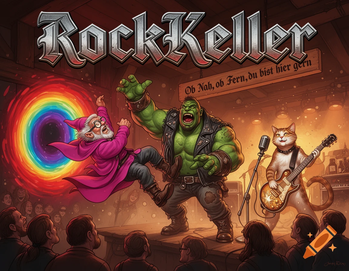 A heavy metal album cover illustration of a fantasy tavern rock concert, with a gnome falling from a rainbow portal, an orc shouting, and a rockstar cat playing guitar.