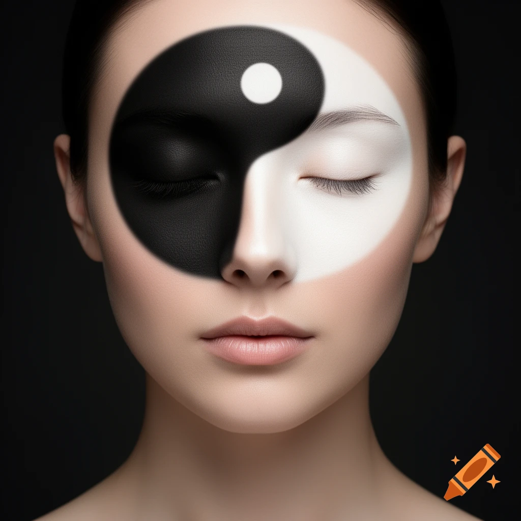 Close-up photorealistic portrait of a woman with her eyes closed, featuring a black and white yin and yang symbol painted across her face.