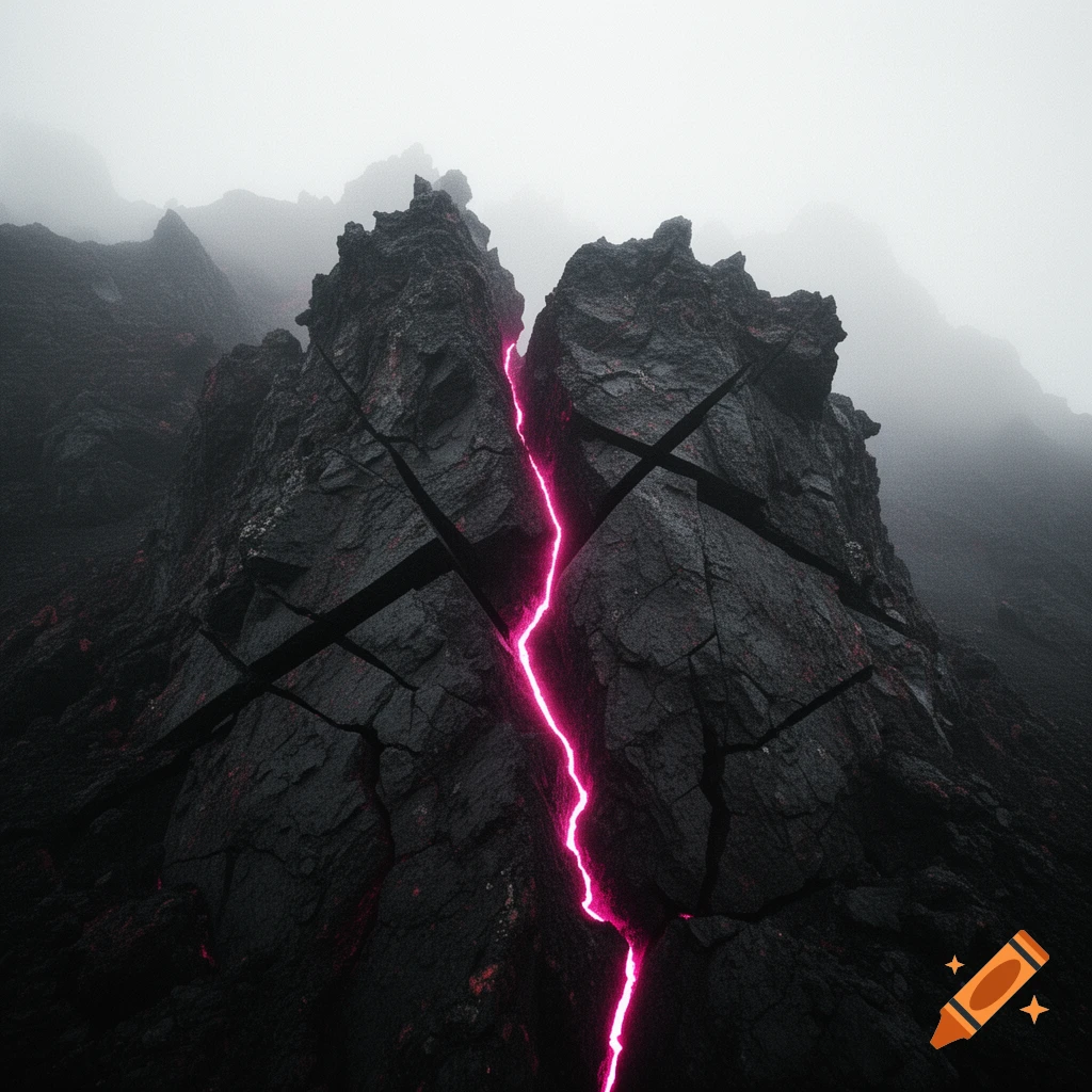 A massive, jagged, dark volcanic rock mountain face split down the middle with a glowing neon pink crack, set against a misty, blurred background.