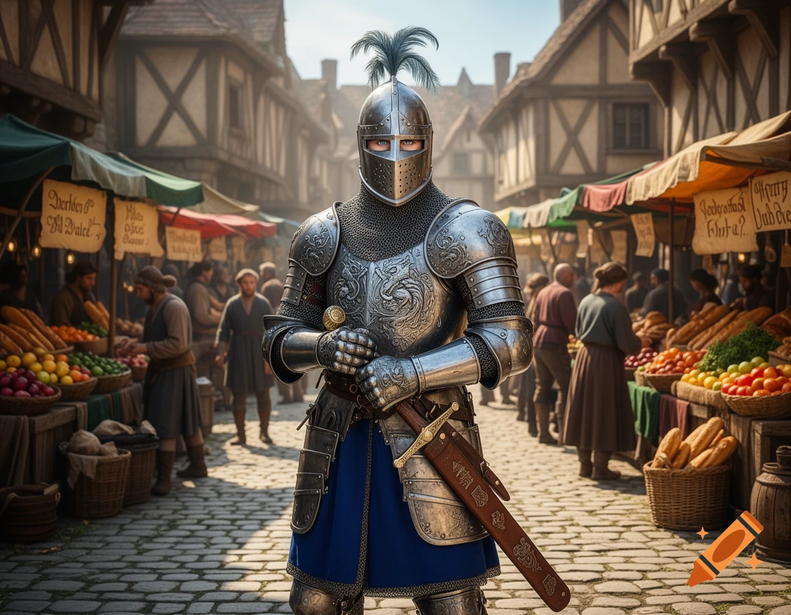A knight in shining armor stands in a bustling medieval market, surrounded by stalls of food and half-timbered buildings.
