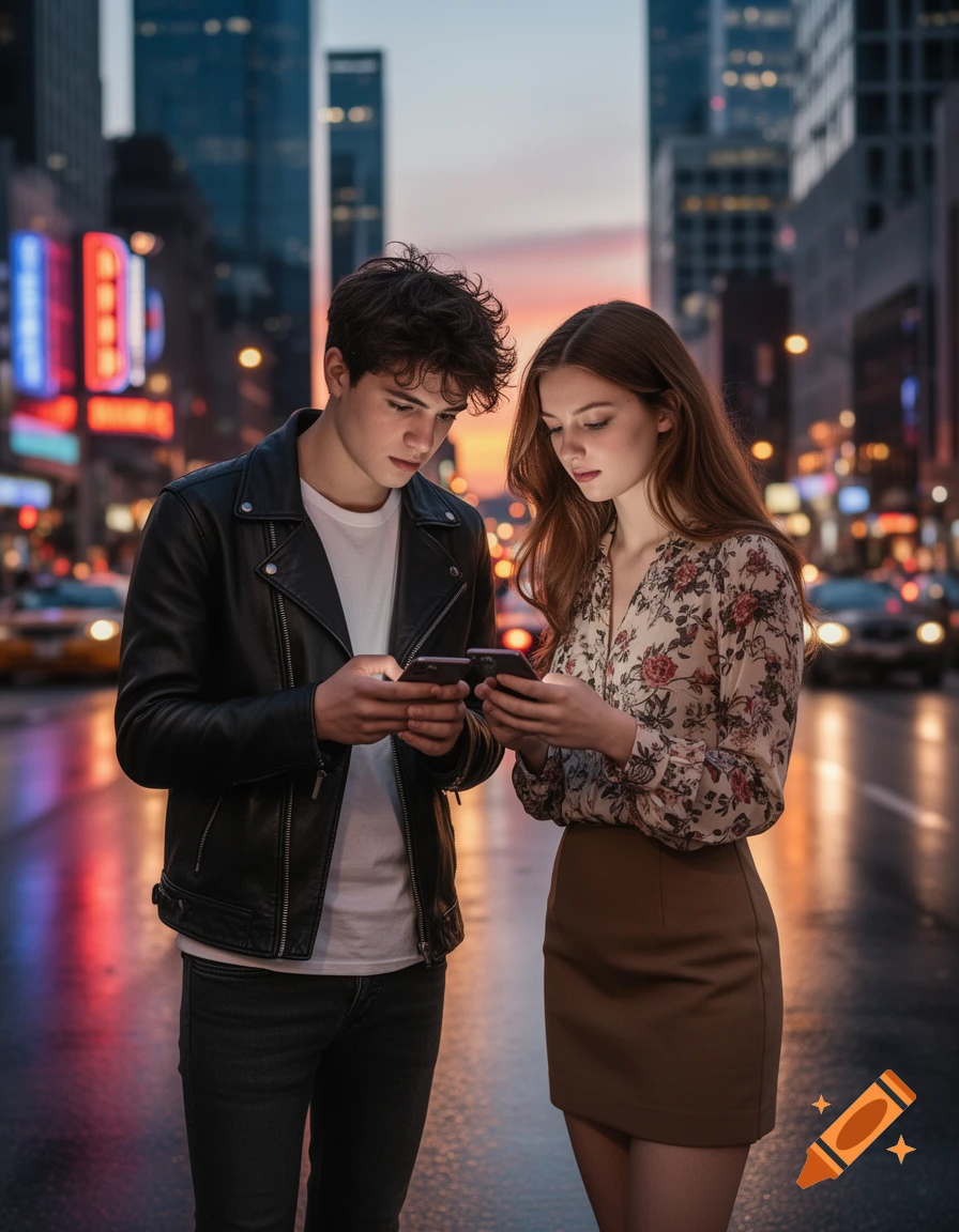 A young couple looking at their phones on a vibrant city street at dusk, neon lights reflecting on the wet ground.