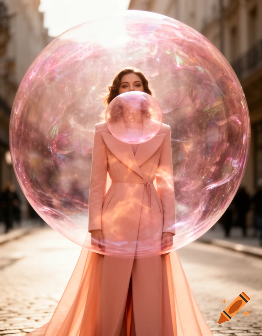 A woman in a long pink coat stands inside a large, shimmering pink bubble on a city street, blowing a smaller bubble.