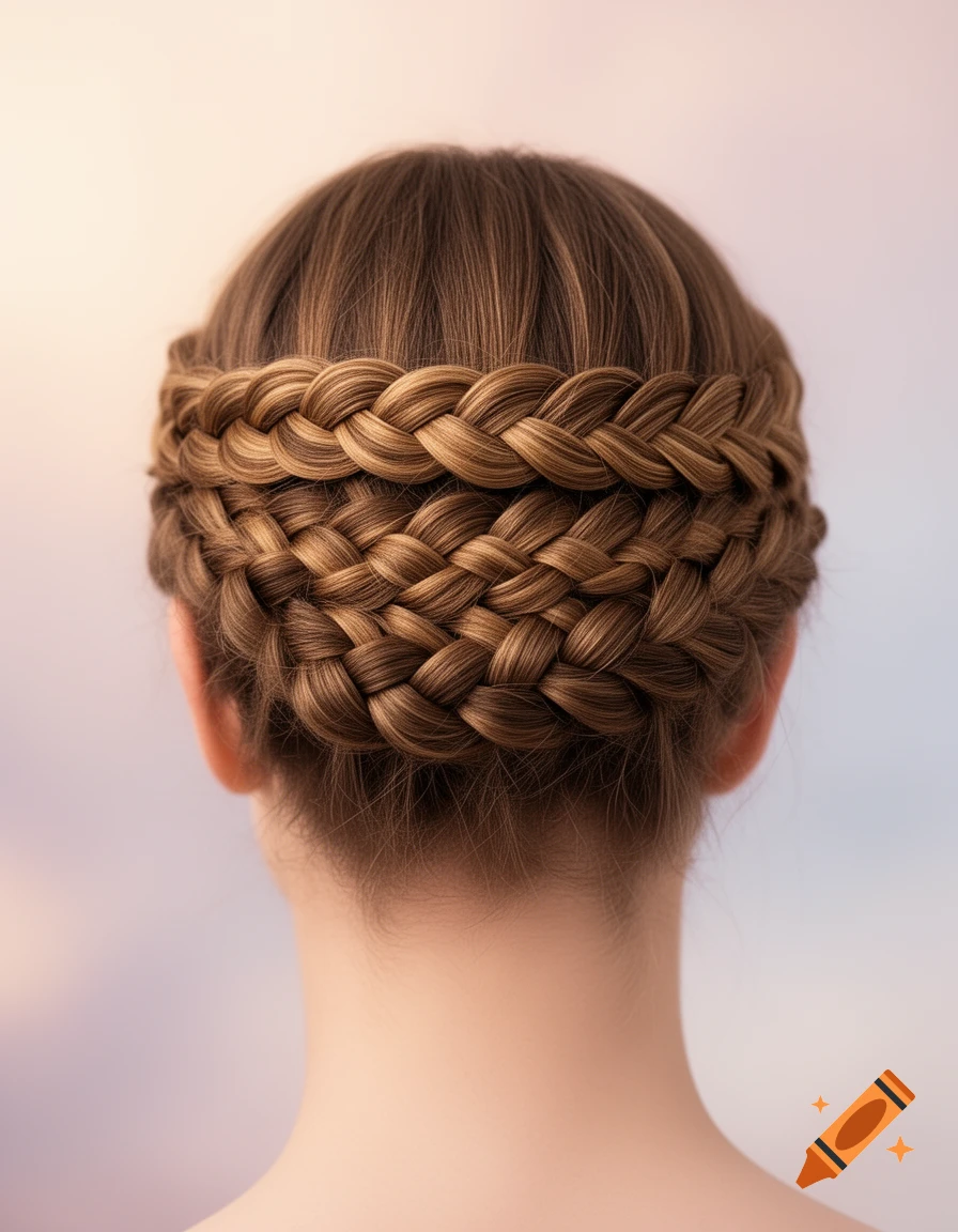 Close-up of the back of a woman's head with an intricate braided brown hair wreath.