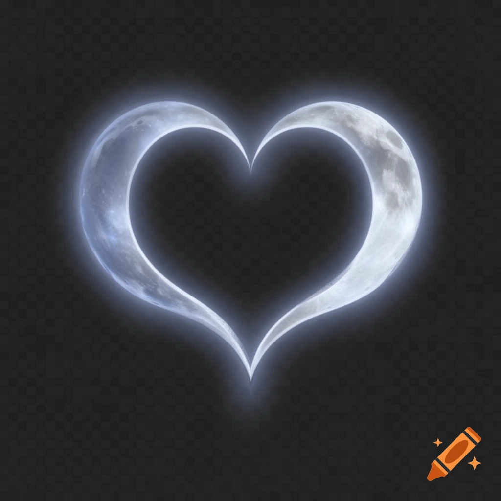 A glowing heart shape formed by two detailed crescent moons against a transparent background.
