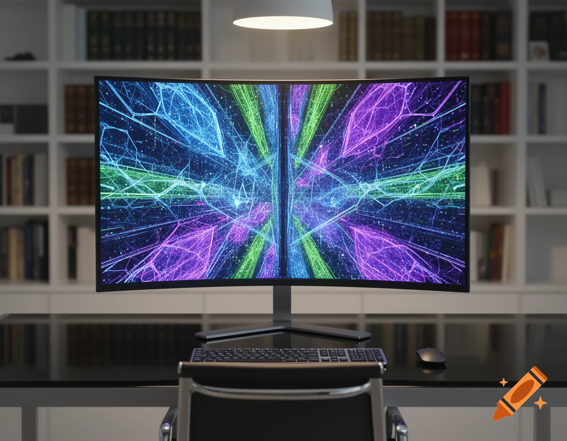 A curved monitor on a desk displays a vibrant abstract pattern of blue, green, and purple lines, with a keyboard, mouse, and bookshelves in the background.