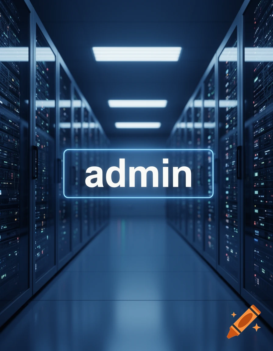 A blue-lit server room with rows of racks and the word 'admin' glowing in a rectangular outline in the center.