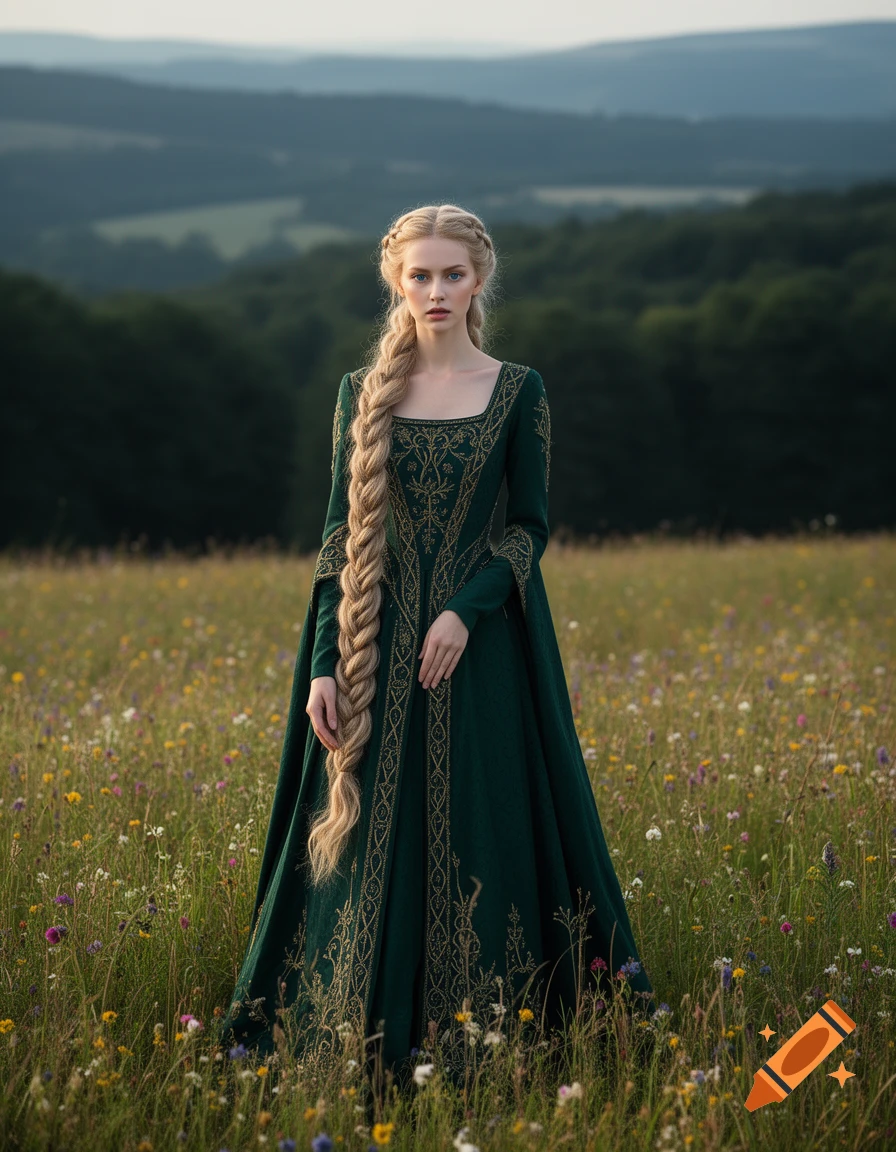 A slender woman with a very long blonde braid in a green medieval dress stands in a wildflower field with hills behind her.