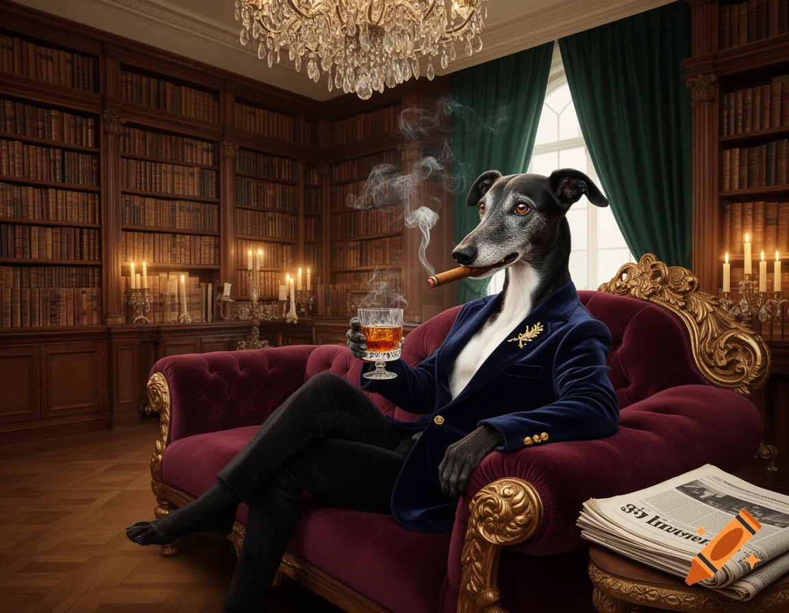 A dapper greyhound in a blue velvet blazer smokes a cigar and sips whiskey in a luxurious, wood-paneled Victorian library.