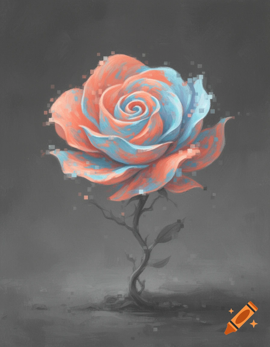 A surreal rose with pixelated coral and blue petals and a gnarled stem, against a monochrome gray background.