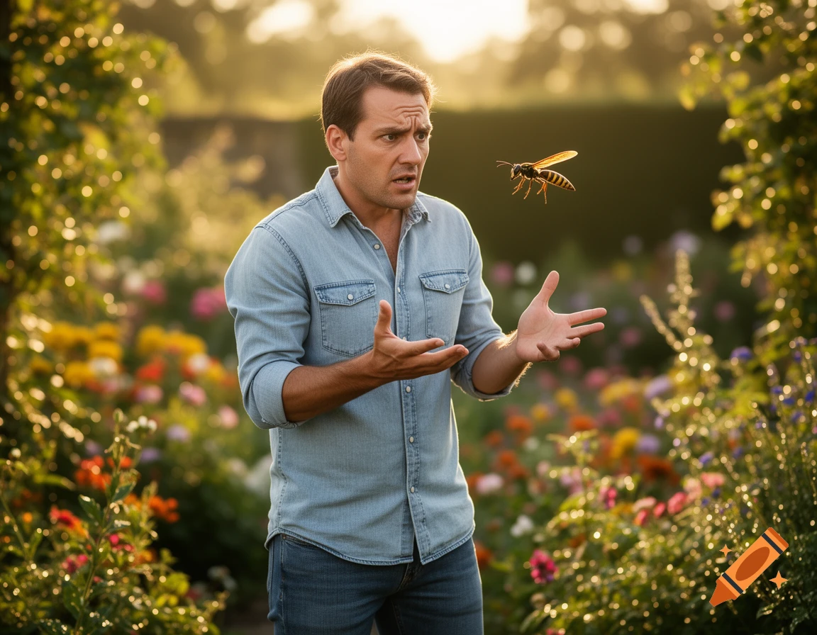 A man in a denim shirt reacts with a startled expression and open hands to a large wasp hovering in a sunny garden.