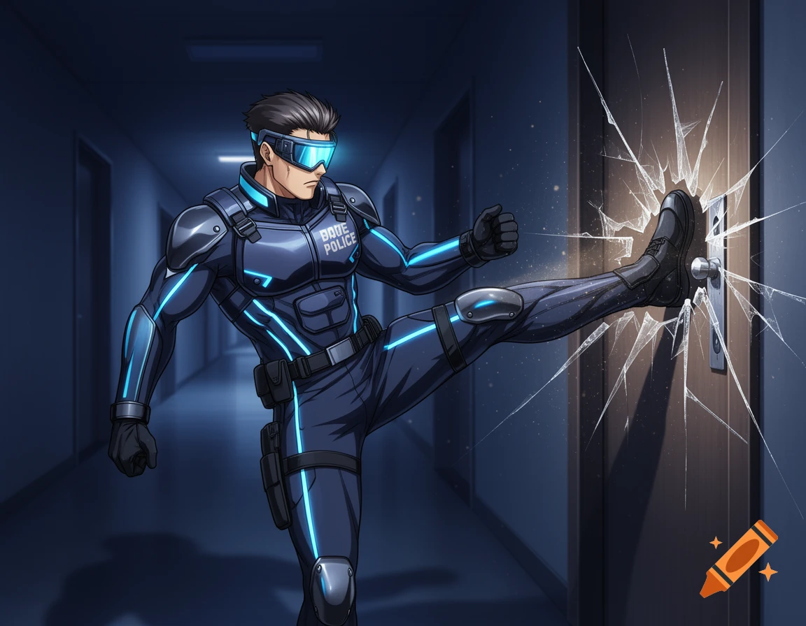 Anime-style futuristic police officer in a dark hallway kicking and breaking a door.