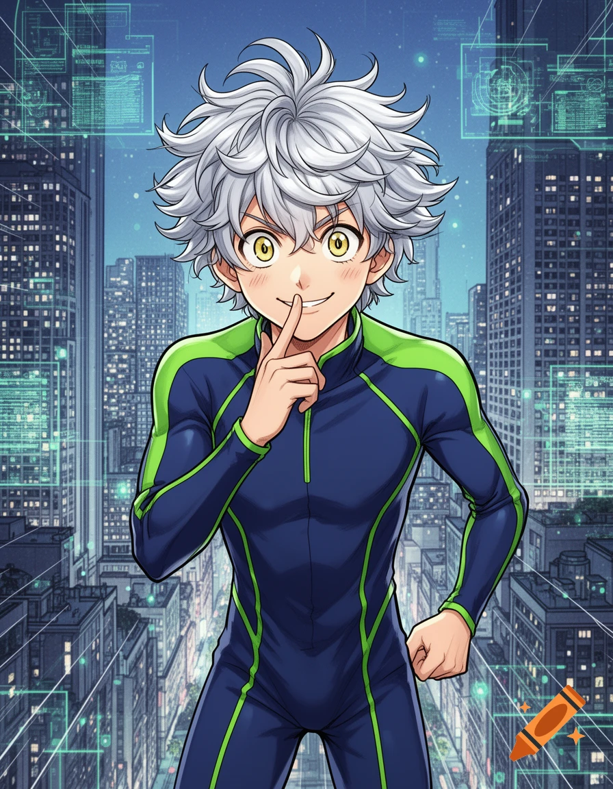 Manga style young man with white spiky hair, yellow eyes, shushing in a blue and green suit against a futuristic city.