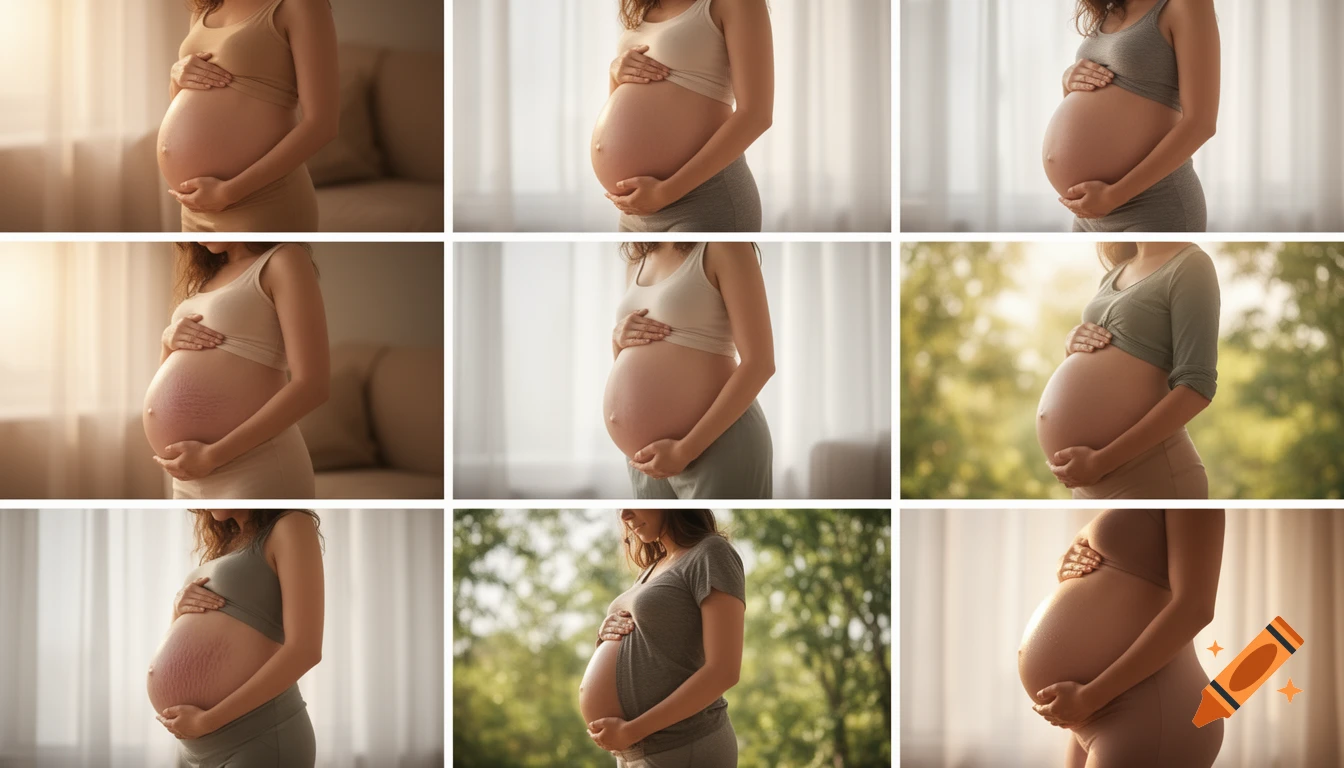 A nine-panel grid shows different pregnant women cradling their bellies, depicted in various indoor and outdoor settings.