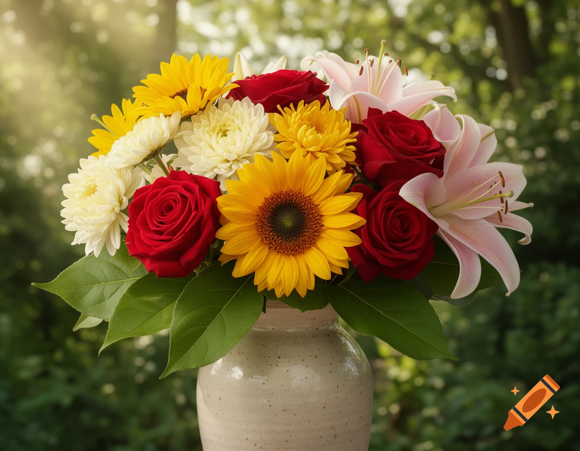 Photorealistic bouquet with red roses, yellow sunflowers, white chrysanthemums, and pink lilies in a vase against a sunny green background.