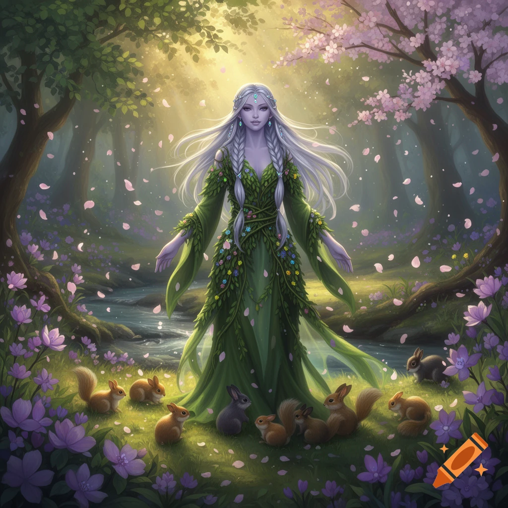 A white-haired female druid in a green leaf dress stands in a magical, sun-dappled forest with pink blossoms, surrounded by squirrels and rabbits.