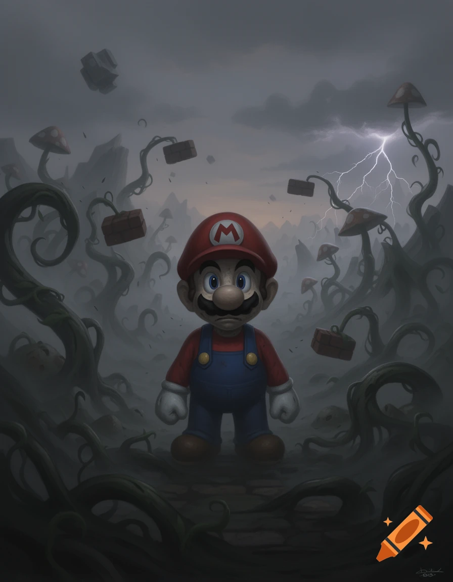 A sad, realistic Mario stands in a gloomy, stormy landscape with twisted vines, floating brick blocks, and a lightning strike in the dark sky.