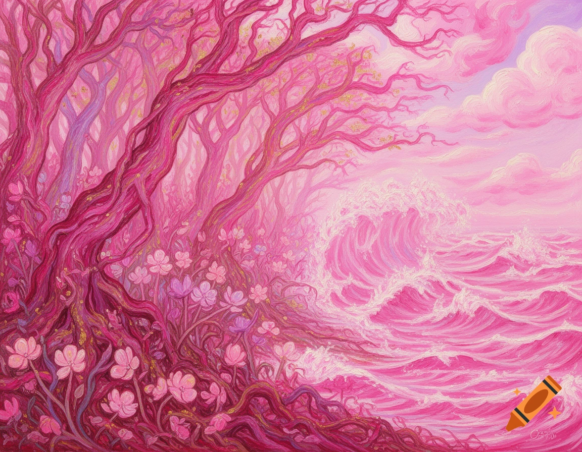 An expressionistic painting depicts a vibrant pink fairy tale forest with twisted trees and flowers merging into a stormy pink ocean under a cloudy pink sky.