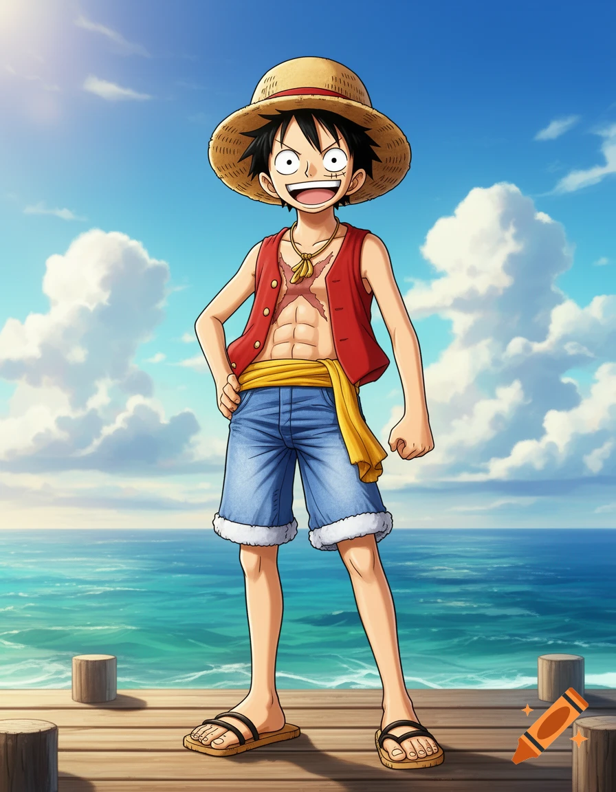 Smiling anime character Luffy in a straw hat, red vest, and denim shorts, standing on a wooden pier by a blue ocean.