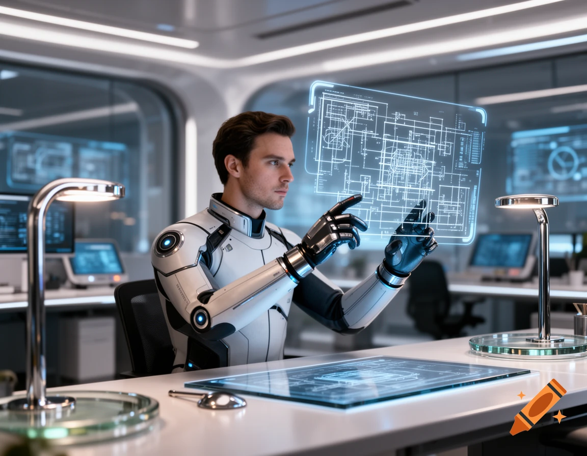 A man in a futuristic white and black suit interacts with a holographic blueprint screen in a modern, bright office.