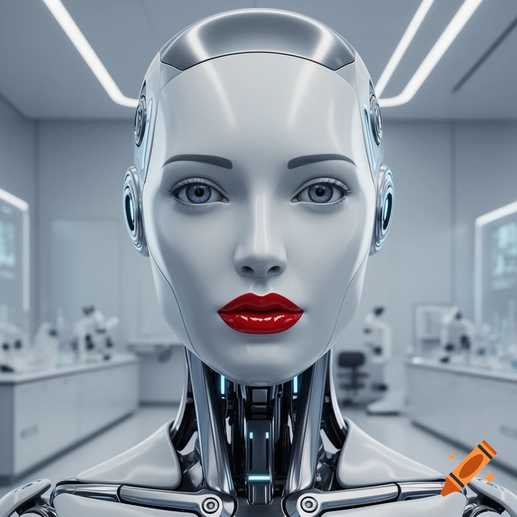 Close-up of a female robot's head and shoulders with white and silver plating, red glossy lips, and blue eyes in a sterile lab.