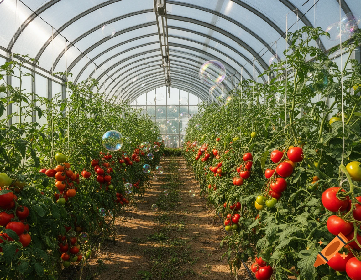A bright greenhouse filled with rows of tomato plants bearing red and green tomatoes, with numerous iridescent bubbles floating among them.