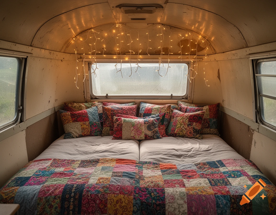 Cozy camper van interior with a patchwork bed, colorful pillows, and string lights over the window.